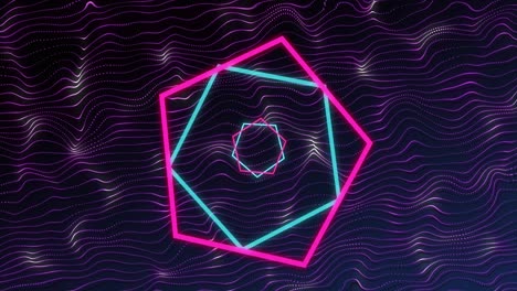 Animation-of-neon-shapes-and-purple-lines-on-black-background