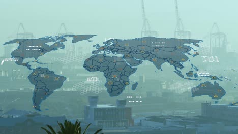 Animation-Der-Datenverarbeitung-über-Einer-Weltkarte-Im-Vergleich-Zur-Luftaufnahme-Des-Stadtbildes