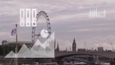 Animation-Der-Finanzdatenverarbeitung-Mit-Geschäftssymbolen-über-Dem-Londoner-Stadtbild