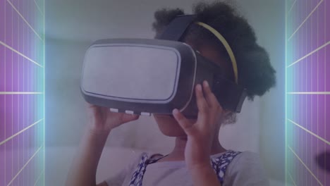 Animation-of-neon-shapes-over-african-american-girl-using-vr-headset