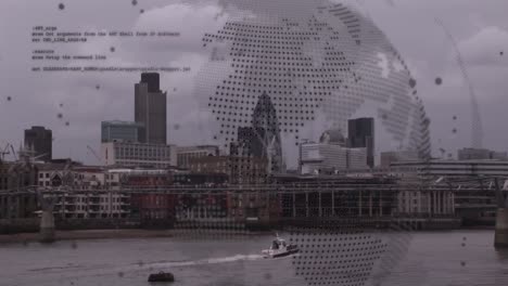 Animation-of-spinning-globe-and-data-processing-against-aerial-view-of-cityscape
