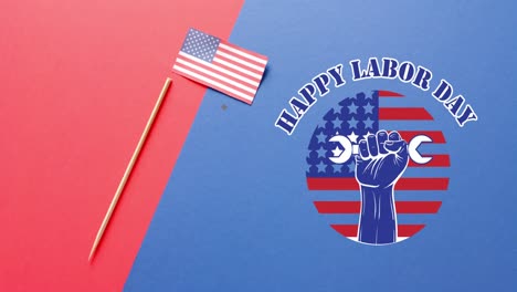Animation-of-happy-labor-day-text-over-flag-of-usa-on-red-and-blue-background