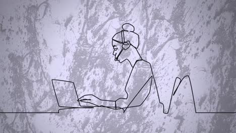 Animation-of-drawing-of-businesswoman-using-phone-headset-over-shapes-moving