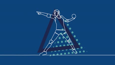 Animation-Der-Zeichnung-Einer-Handballspielerin,-Die-Ball-Und-Dreiecke-Auf-Blauem-Hintergrund-Wirft