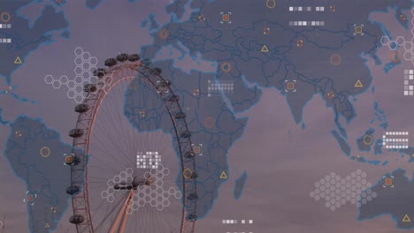 Animation-of-world-map-and-data-processing-against-aerial-view-of-london-eye