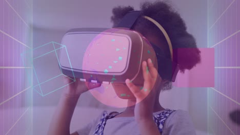 Animation-of-shapes-and-globe-over-african-american-girl-using-vr-headset