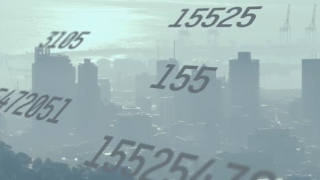 Animation-of-multiple-changing-numbers-against-aerial-view-of-cityscape