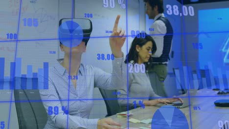 Animation-of-statistical-data-processing-against-caucasian-woman-wearing-vr-headset-at-office