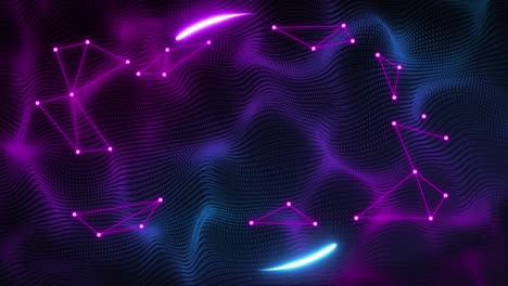 Animation-of-neon-shapes-and-purple-lines-on-black-background