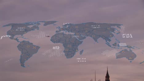Animación-Del-Mapa-Mundial-Y-Procesamiento-De-Datos-Financieros-Sobre-El-Paisaje-Urbano-De-Londres.