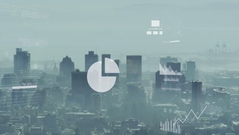 Animation-Der-Finanzdatenverarbeitung-Mit-Geschäftssymbolen-über-Dem-Stadtbild