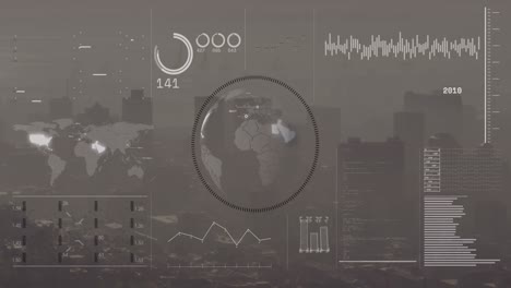 Animation-of-interface-with-data-processing-over-spinning-globe-against-aerial-view-of-cityscape