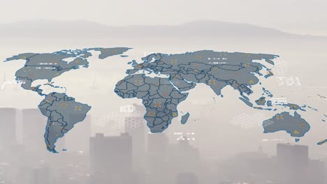 Animación-Del-Mapa-Mundial-Y-Procesamiento-De-Datos-Frente-A-La-Vista-Aérea-Del-Paisaje-Urbano