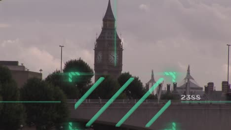 Animation-of-green-scanner-scanning-against-view-of-big-ben-tower-and-london-city