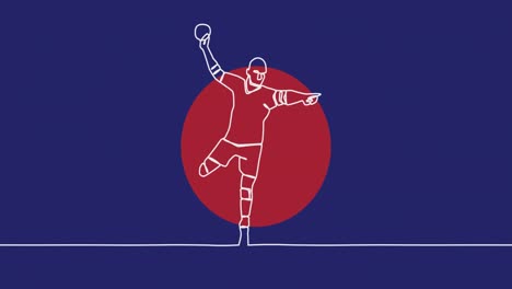 Animation-of-drawing-of-male-handball-player-throwing-ball-and-red-spots-on-blue-background