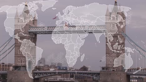 Animation-of-world-map-and-data-processing-against-view-of-london-bridge