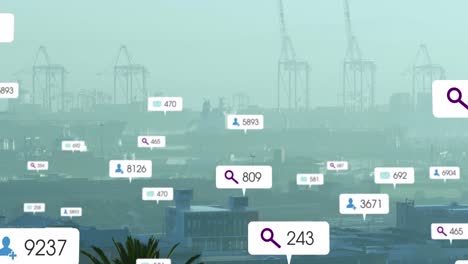 Animation-of-message-icons-with-changing-numbers-over-modern-cityscape-in-background