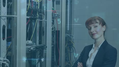 Animation-of-cyber-security-data-processing-over-caucasian-female-engineer-smiling-at-server-room