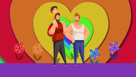 Animation-of-gay-male-couple-with-son-over-rainbow-heart-background