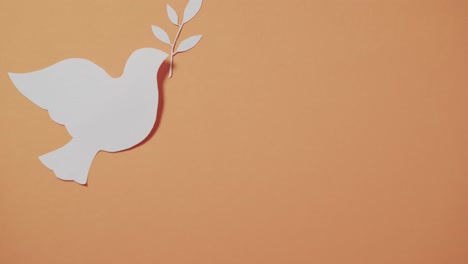 Close-up-of-white-dove-with-leaf-and-copy-space-on-orange-background