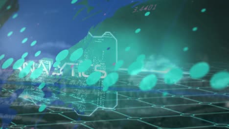 Animation-Von-Geschäftskonzepttexten-Und-Datenverarbeitung-über-Ein-Gitternetzwerk-Auf-Der-Weltkarte