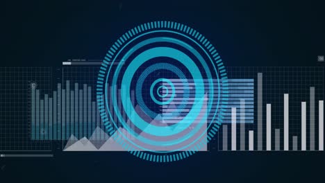 Animation-Des-Blauen-Rundscanners-Und-Der-Statistischen-Datenverarbeitung-Vor-Blauem-Hintergrund