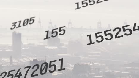 Animation-of-multiple-changing-numbers-against-aerial-view-of-cityscape