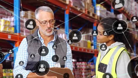 Animation-of-profiles-icons-on-diverse-male-supervisor-and-female-worker-discussing-at-warehouse