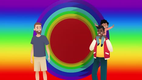 Animation-of-gay-male-couple-with-son-over-rainbow-background