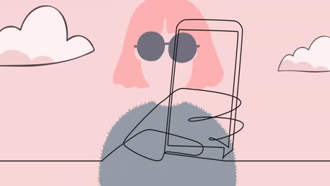 Animación-Del-Dibujo-De-Una-Mano-Sosteniendo-Un-Teléfono-Inteligente-Sobre-Una-Mujer-Con-Gafas-Y-Nubes