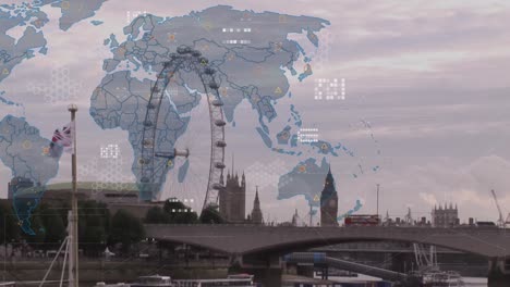 Animation-of-world-map-and-data-processing-over-london-cityscape