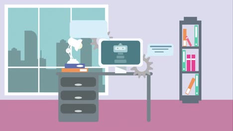 Animation-Des-Bildschirms-Mit-Ai-Chat-Auf-Dem-Schreibtisch-Im-Büro-Auf-Violettem-Hintergrund