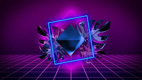 Animation-of-diamond,-neon-square-and-leaves-with-glitch-over-grid