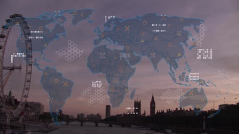 Animation-of-world-map-and-data-processing-over-london-cityscape