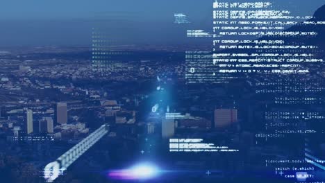Animation-Der-Datenverarbeitung-Und-Lichtfleck-Gegen-Luftaufnahme-Des-Stadtbildes