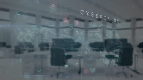 Animation-Der-Cybersicherheitsdatenverarbeitung-Und-Des-Sicherheitsschlüsselsymbols-Vor-Leerem-Büro