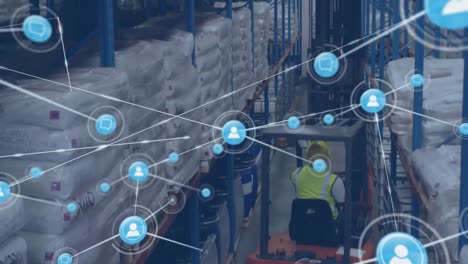 Animation-of-network-of-digital-icons-over-rear-view-of-male-worker-operating-forklift-at-warehouse