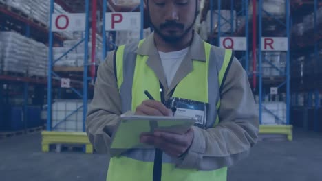 Animation-of-network-of-profiles-over-asian-male-worker-talking-notes-checking-stock-at-warehouse
