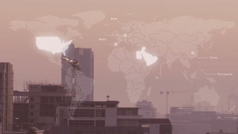 Animation-Einer-Beleuchteten-Karte-Mit-Ländernamen-über-Modernen-Gebäuden-Vor-Dem-Himmel