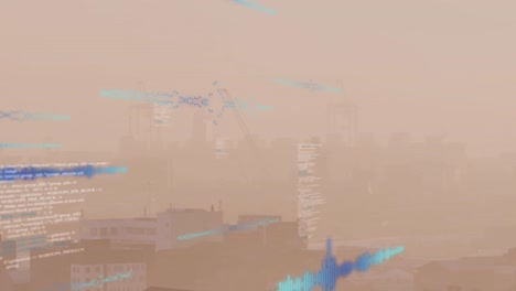 Animation-of-multiple-soundwaves-and-computer-language-over-aerial-view-of-fog-covered-city