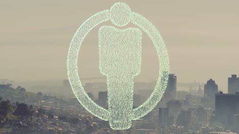 Animation-of-dots-forming-male-restroom-icon-in-circle-over-aerial-view-of-mountain-and-city