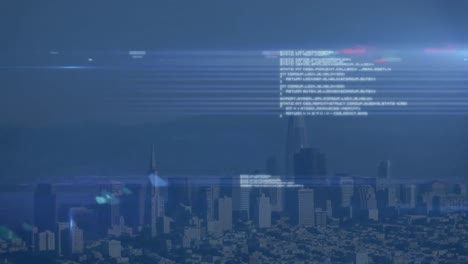 Animation-of-data-processing-and-light-spot-against-aerial-view-of-cityscape