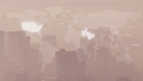 Animation-of-illuminated-map-with-multiple-countries-name-over-fog-covered-modern-city
