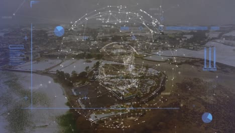 Animation-of-data-processing-over-globe-of-network-of-connections-against-aerial-view-of-cityscape