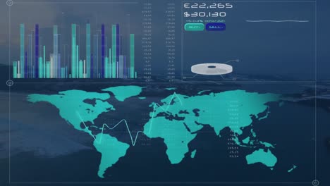 Animation-Der-Finanzdatenverarbeitung-Und-Weltkarte-über-Der-Landschaft