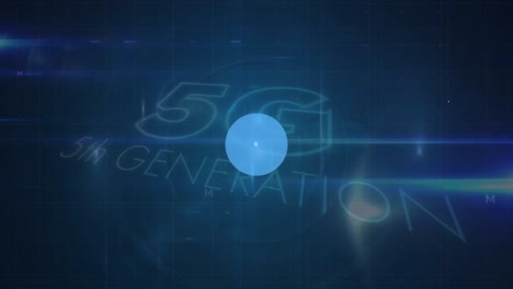 Animation-of-network-of-digital-icons-and-light-trails-against-5g-text-banner-on-blue-background