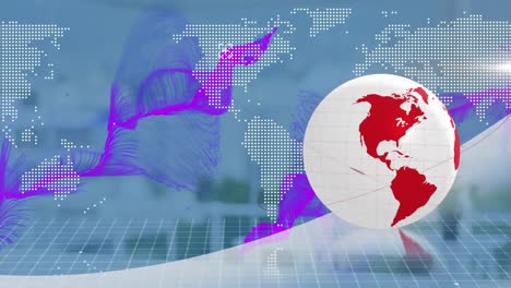 Animation-of-spinnng-globe,-world-map-and-purple-digital-wave-against-blue-background
