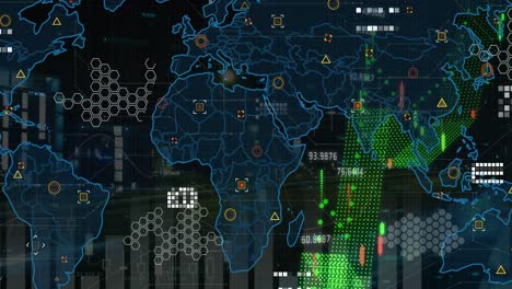 Animación-Del-Mapa-Mundial-Y-Procesamiento-De-Datos-Financieros-Frente-Al-Lapso-De-Tiempo-Del-Tráfico-Nocturno-De-La-Ciudad