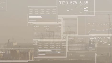 Animation-of-changing-numbers,-circles-and-loading-bars-against-fog-covered-cityscape