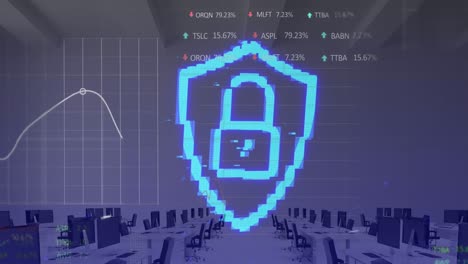 Animation-of-online-security-padlock-and-data-processing-over-office